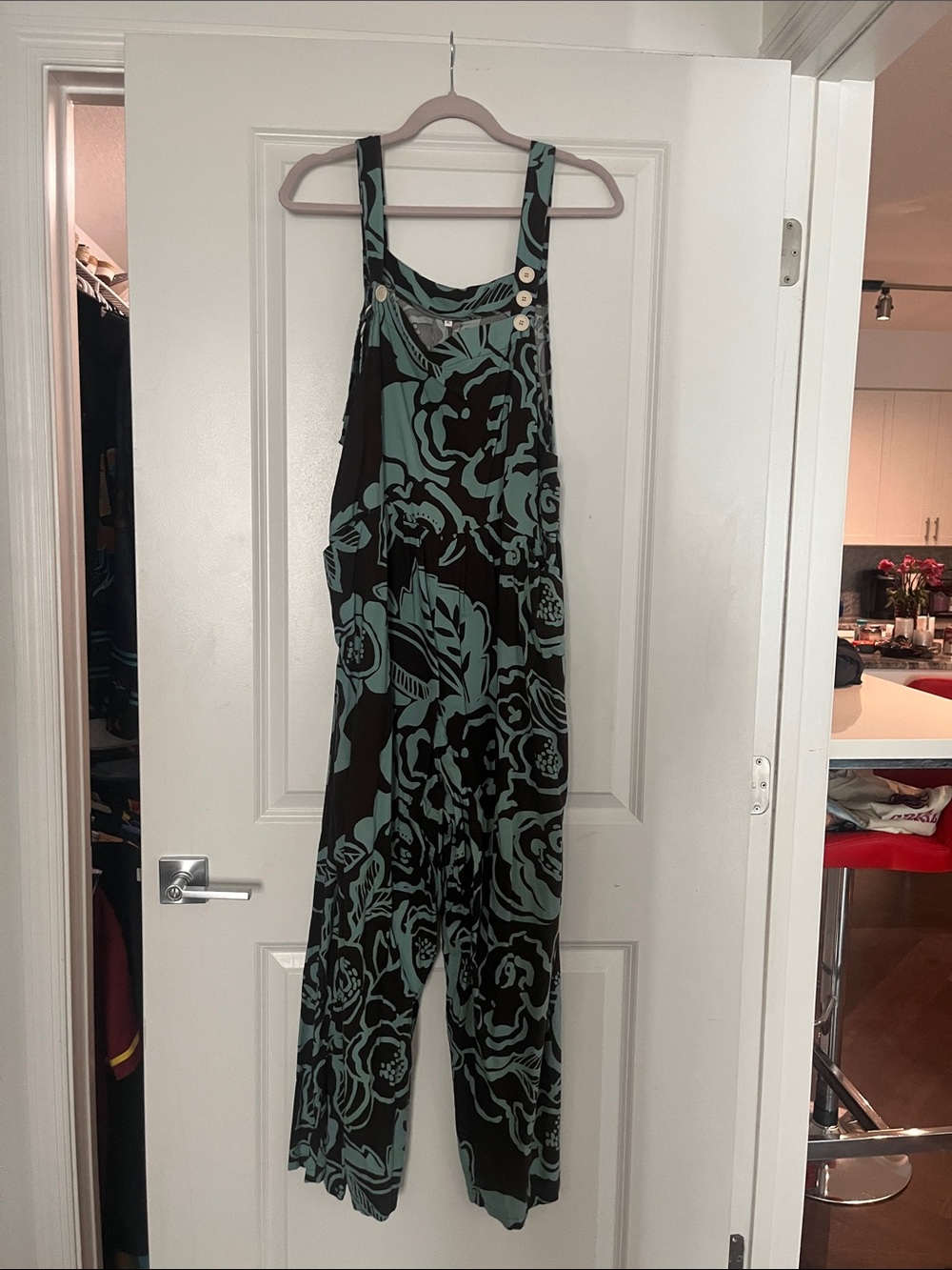 Floral Wide-Leg Overalls Jumpsuit in Teal & Black